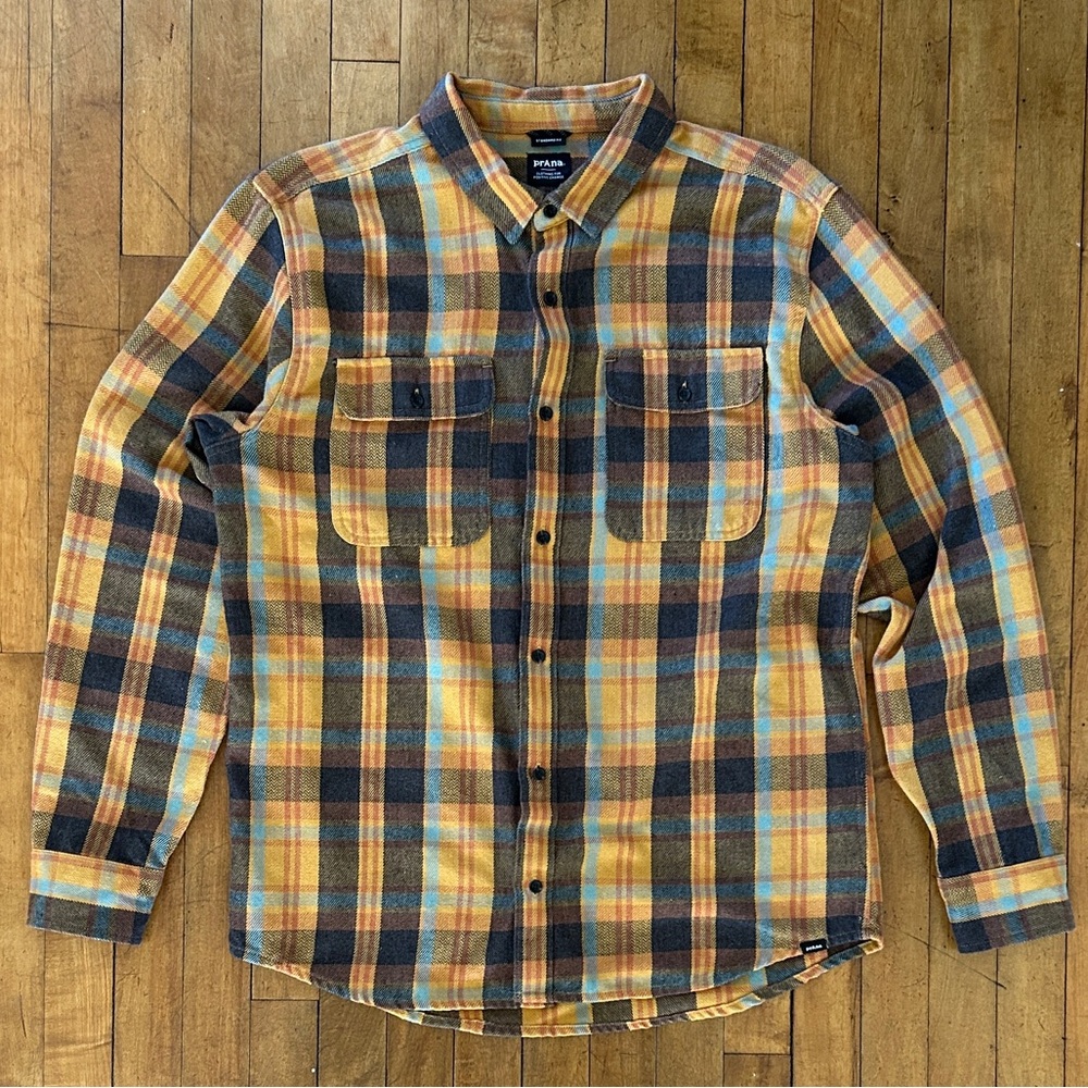 Prana Plaid Men's Flannel Shirt in Blue and Orange